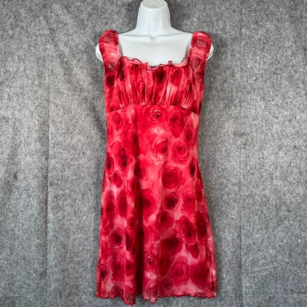 Y2K Babydoll Dress Womens Large‎ Fairycore Milkmaid Vtg 90s Floral Red Chiffon